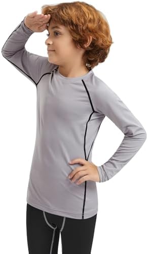 ATTIQOZIBoys Compression Shirts Youth Long Sleeve Black Steel Compression Baselayer