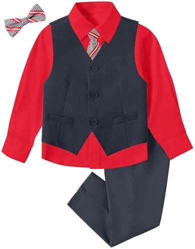 Mosedou Boys Formal Suit Vest and Pants Set with Shirt Tie Bowtie
