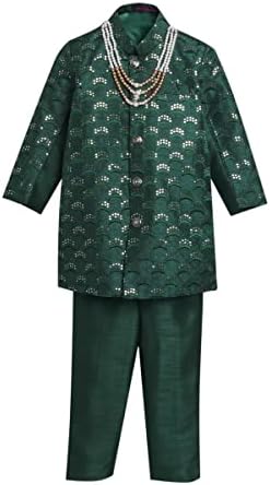 AHHAAAA Kids Ethnic Cotton Silk Blend Sequin Print Indo-Western Sherwani Set for Boys