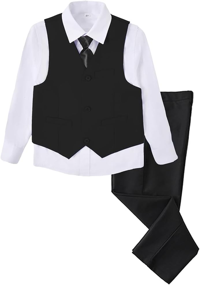 SaiLiiny Boys 4-Piece Slim Fit Suits Set Kids Formal Dress in Black and Blue Perfect Choice for Groomsmen and Kids