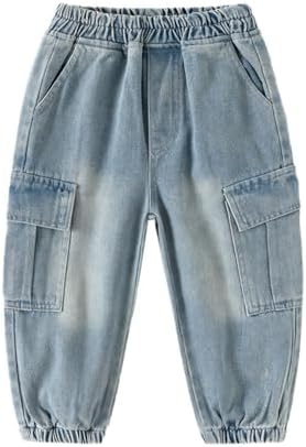 Baby Boys and Girls Denim Cargo Jeans for Toddler Girls and Boys Trendy Stretchy Trousers