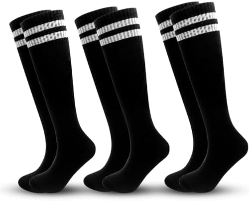 3 Pairs Striped Knee High Soccer Socks for Kids 6-12 Years