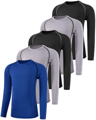 ATTIQOZIBoys Compression Shirts Youth Long Sleeve Black Steel Compression Baselayer