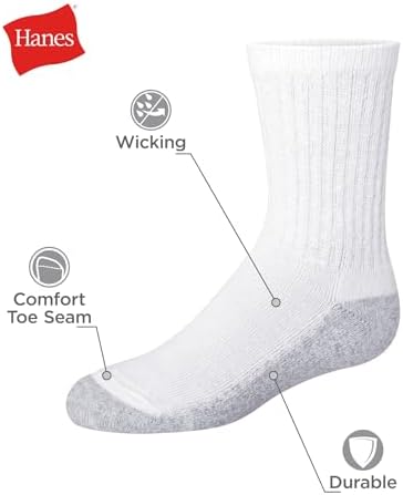 Hanes Boys Uniform Crew Moisture-Wicking Socks Cushioned Foot Bottoms 10-Pair