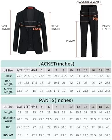 Stylish Formal Boys Suit Set - Boys Black Formal Suit Set 2-20 Adjustable Waist Slim Fit Real Pockets Youth Size 14