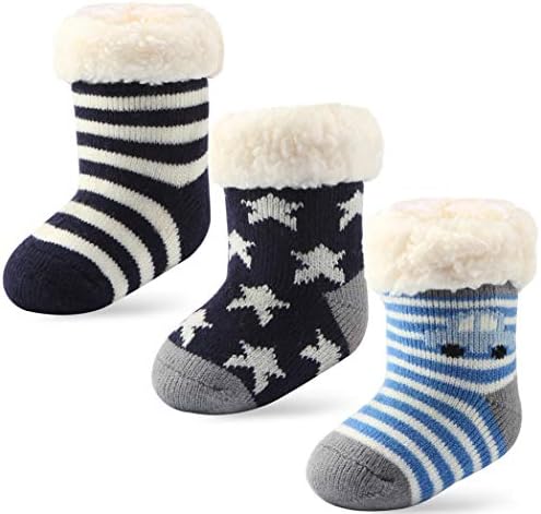 3 Pairs Anti-Slip Fuzzy Socks for Kids Sherpa-lined Slipper Socks