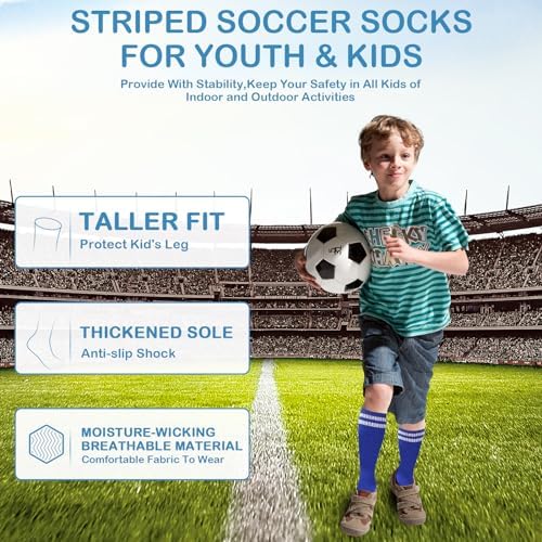 3 Pairs Striped Knee High Soccer Socks for Kids 6-12 Years