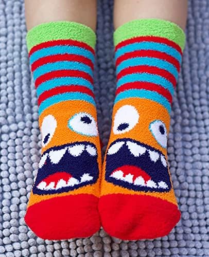 Jefferies Socks Boys Fuzzy Dinosaur Shark Monster Non-Skid Slipper Socks 4 Pack