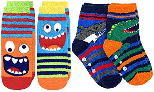 Jefferies Socks Boys Fuzzy Dinosaur Shark Monster Non-Skid Slipper Socks 4 Pack