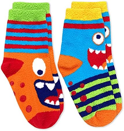 Jefferies Socks Boys Fuzzy Dinosaur Shark Monster Non-Skid Slipper Socks 4 Pack