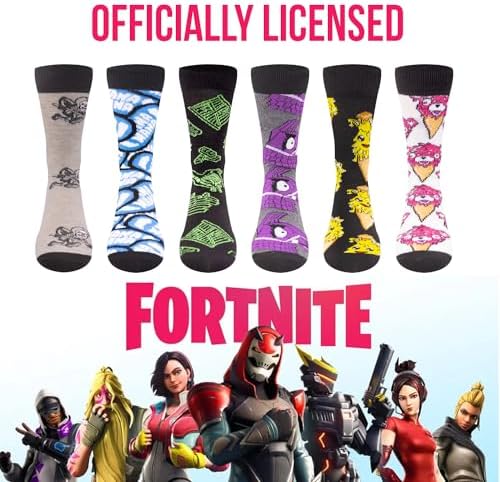 FORTNITE gamer crew socks 6-pack for boys and teens vibrant designs soft durable adjustable