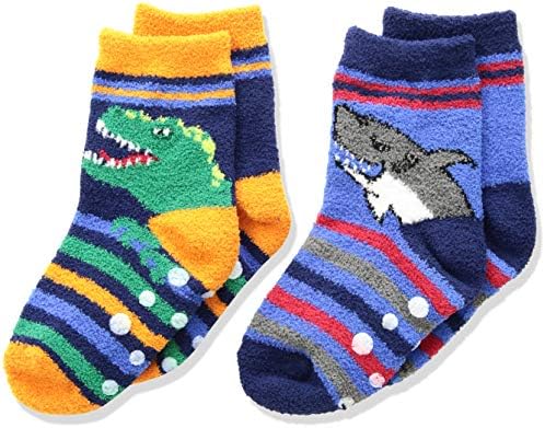 Jefferies Socks Boys Little Dinosaur and Shark Fuzzy Non-Skid Slipper Socks 2 Pack