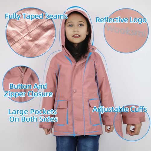 Wooksmi Kids Rain Jacket - Waterproof Windproof for Boys Girls Stay Dried Style