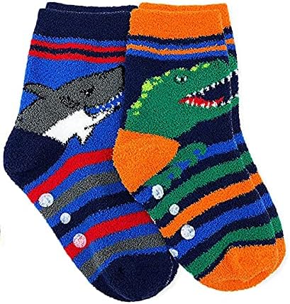Jefferies Socks Boys Fuzzy Dinosaur Shark Monster Non-Skid Slipper Socks 4 Pack