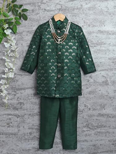 AHHAAAA Kids Ethnic Cotton Silk Blend Sequin Print Indo-Western Sherwani Set for Boys