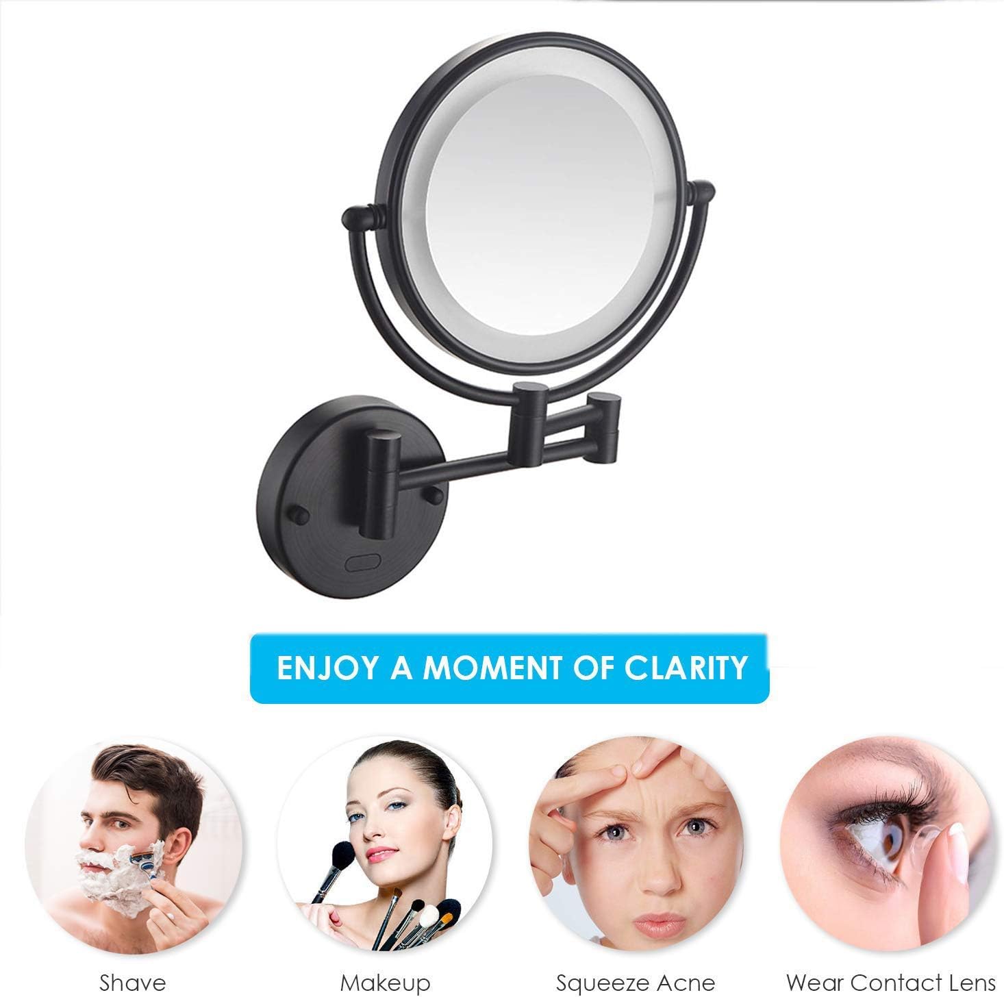 Wall-Mounted Makeup Mirror 9-Inch Extension Matte Black 7X for Girls