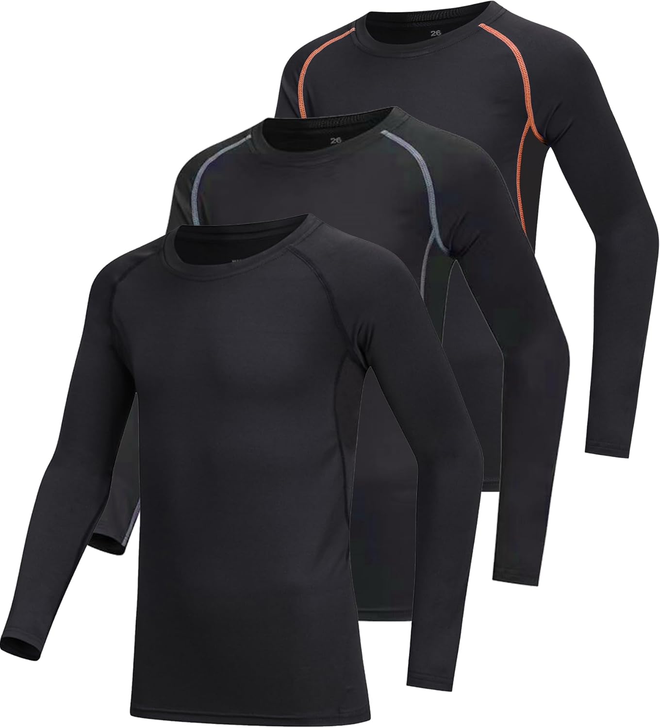 3-Pack Long Sleeve Compression Shirts for Kids - Moisture-Wicking Stretchable