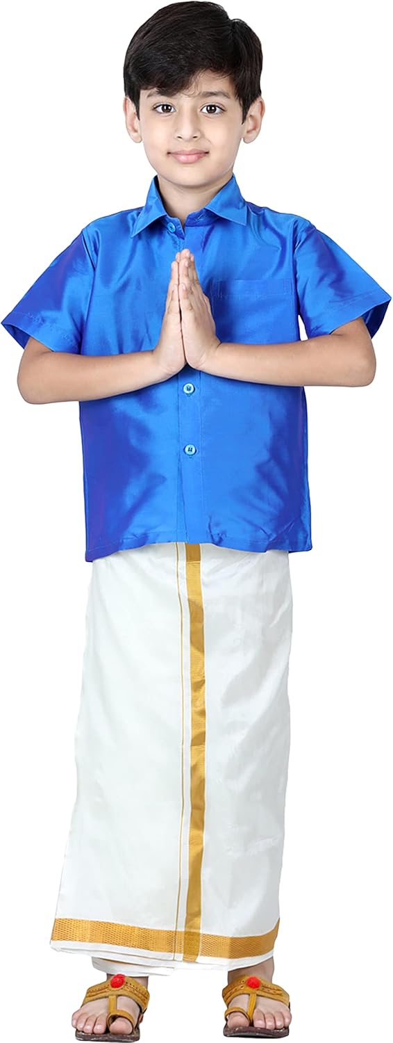 BownBee Kids Boys Half Sleeve Silk Mundu Set