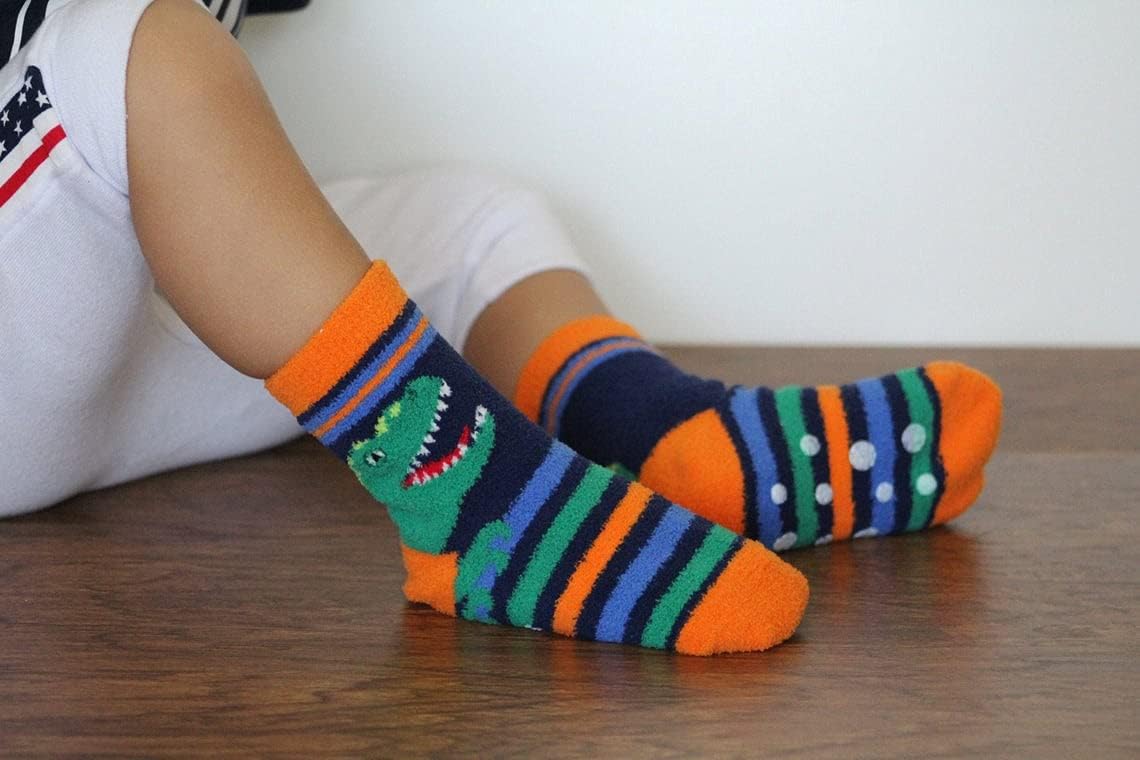 Jefferies Socks Boys Fuzzy Dinosaur Shark Monster Non-Skid Slipper Socks 4 Pack