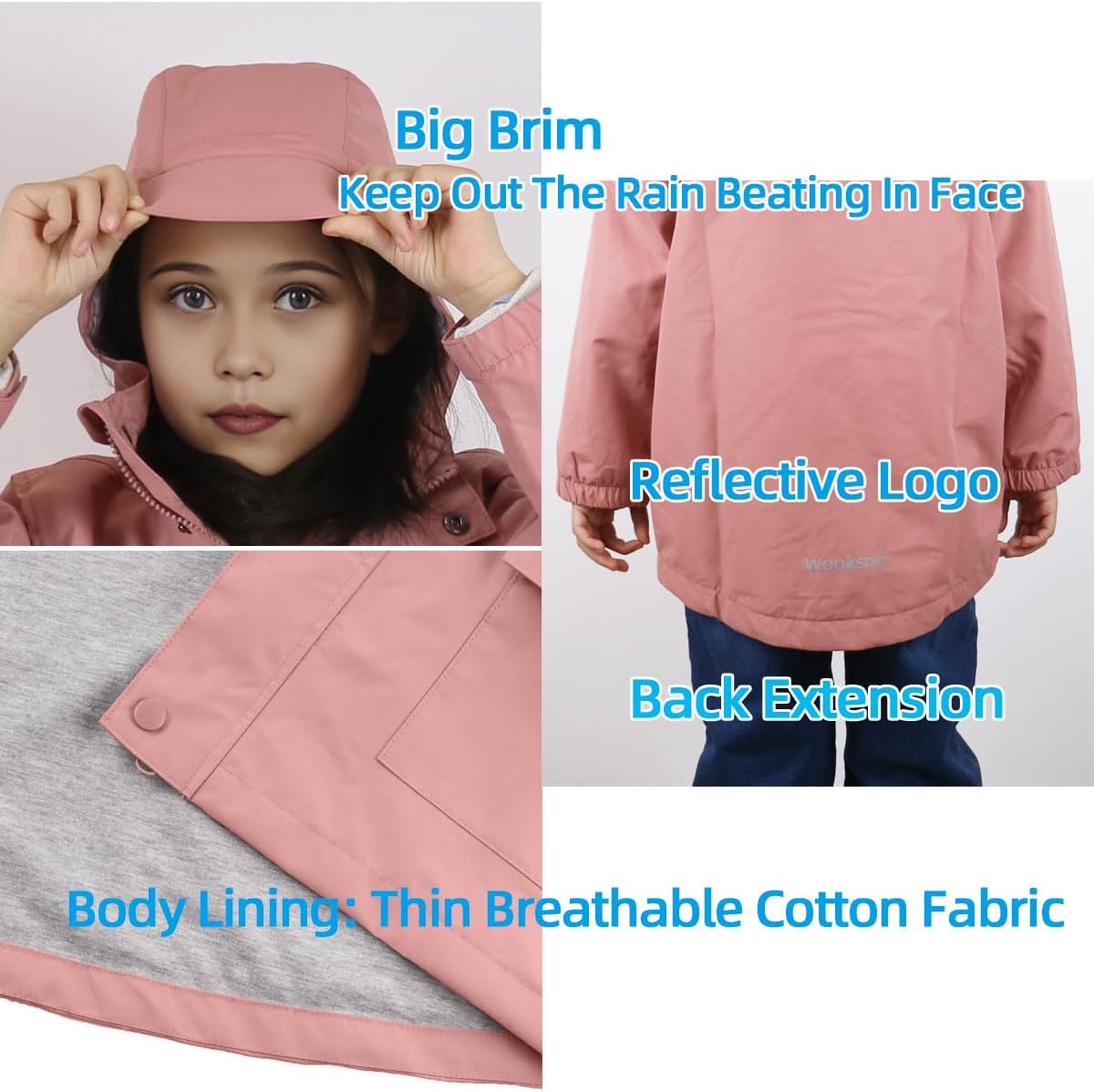 Wooksmi Kids Rain Jacket - Waterproof Windproof for Boys Girls Stay Dried Style