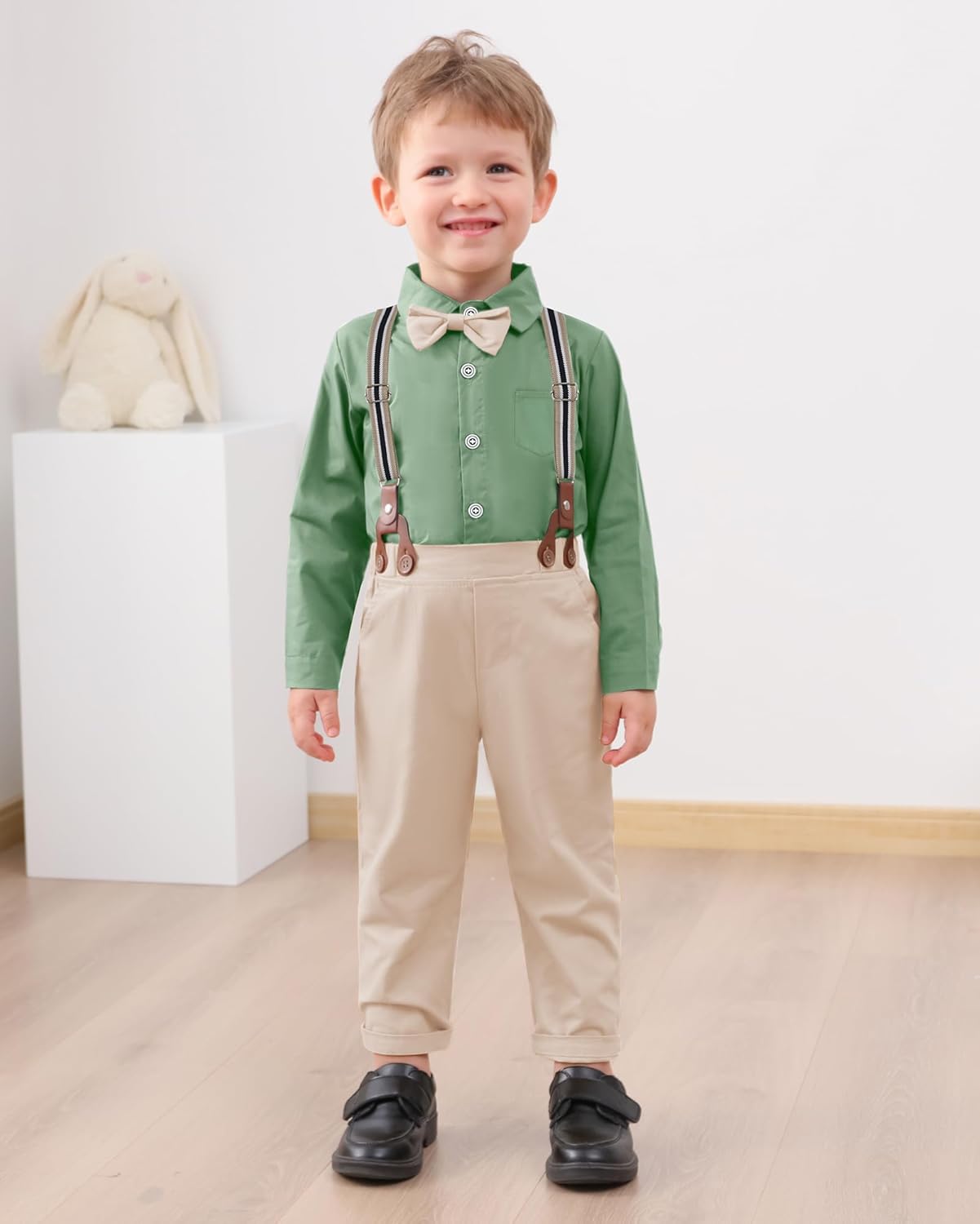 YALLET Toddler Boy Formal Suit with Bowtie and Suspender Pants