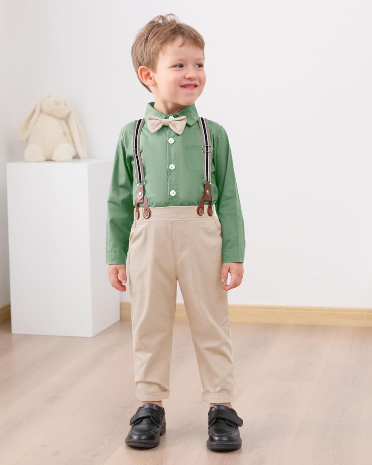 YALLET Toddler Boy Formal Suit with Bowtie and Suspender Pants