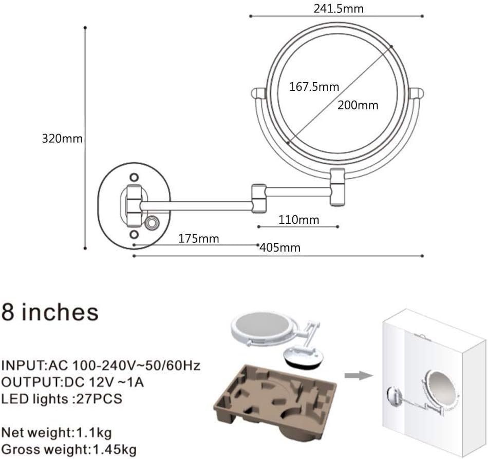 Wall Mount LED Makeup Mirror 5X Magnifying 8-Inch Double Sided Vanity Mirror with 360 Swivel UK Plug