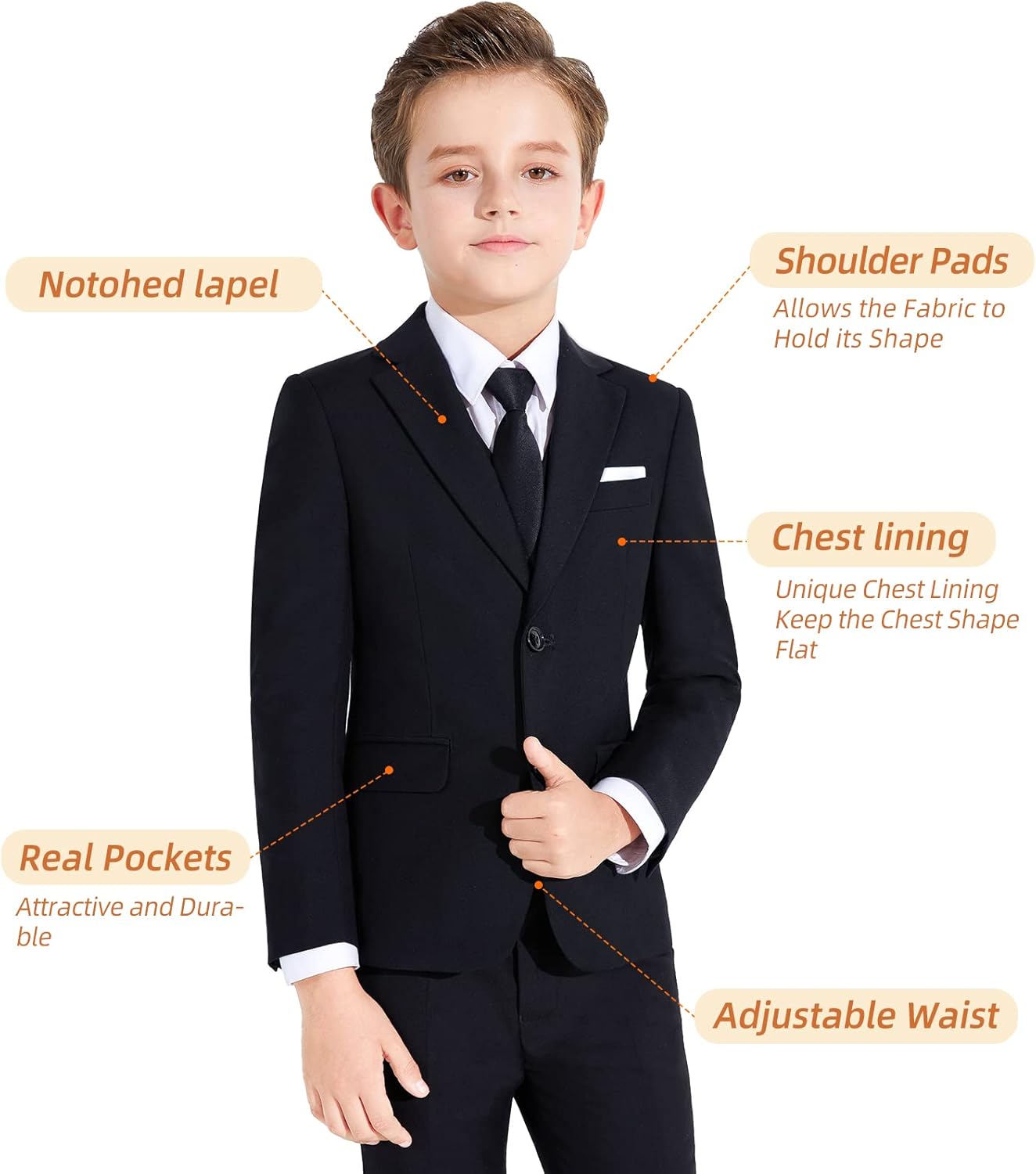 Stylish Formal Boys Suit Set - Boys Black Formal Suit Set 2-20 Adjustable Waist Slim Fit Real Pockets Youth Size 14