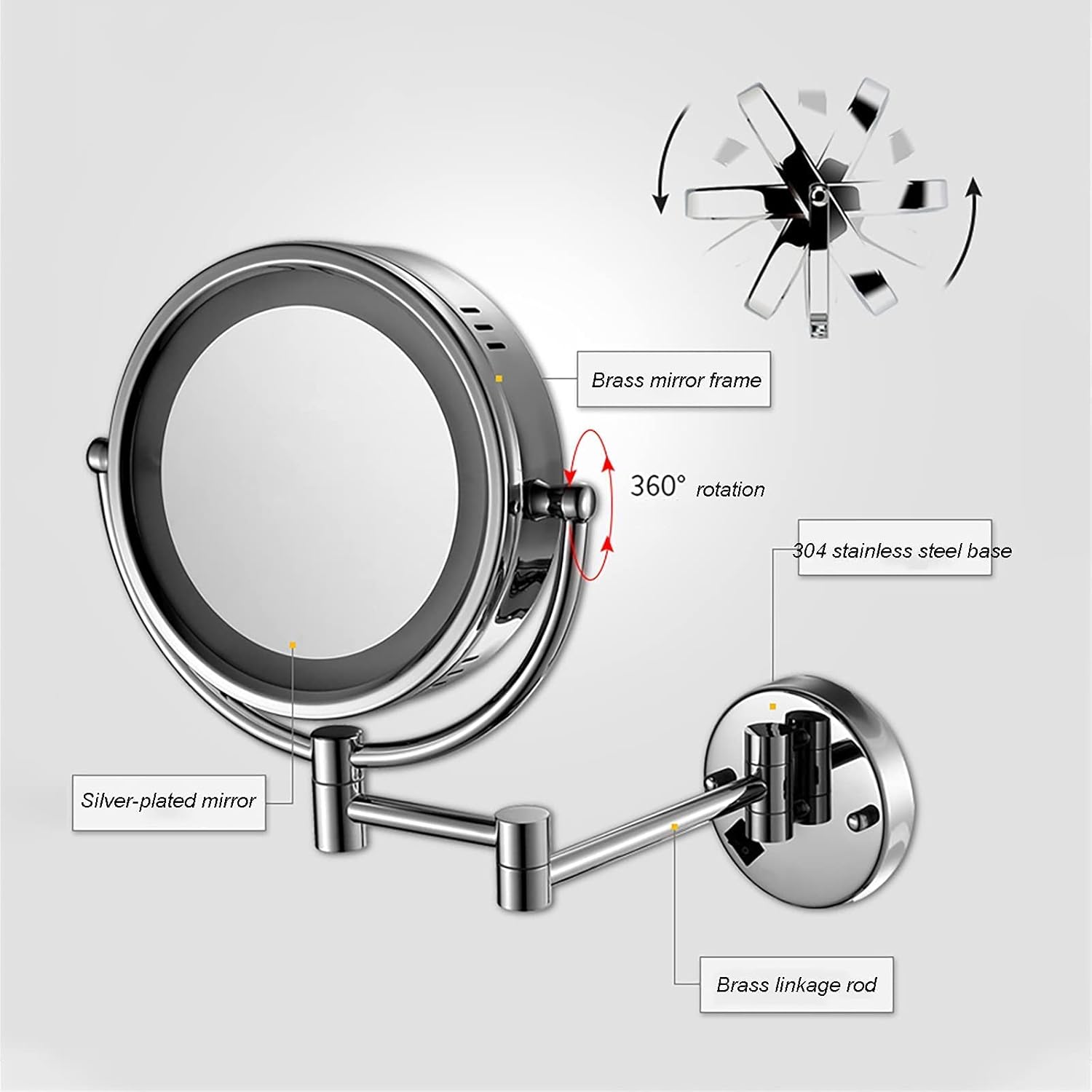 Wall-Mounted Magnifying Glass Miniwal - Double-Sided 5X LED Reflective Mirror 85 x 360 Rotate