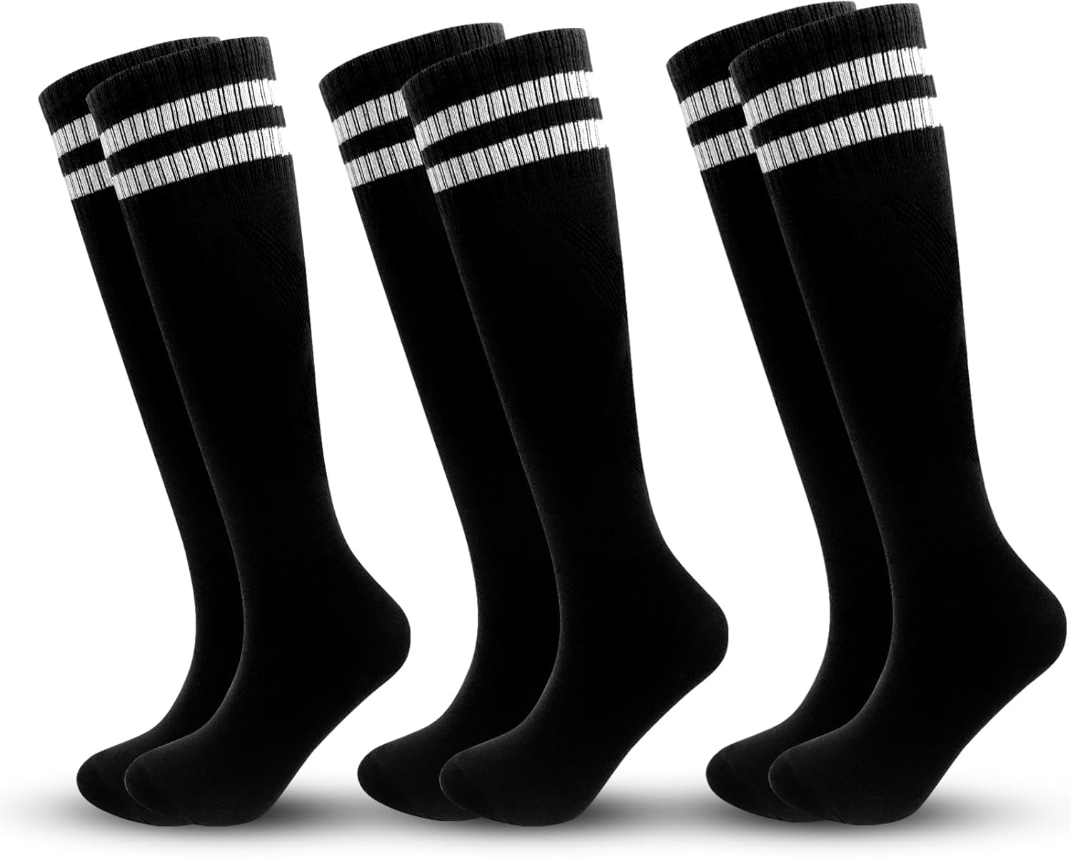 3 Pairs Striped Knee High Soccer Socks for Kids 6-12 Years