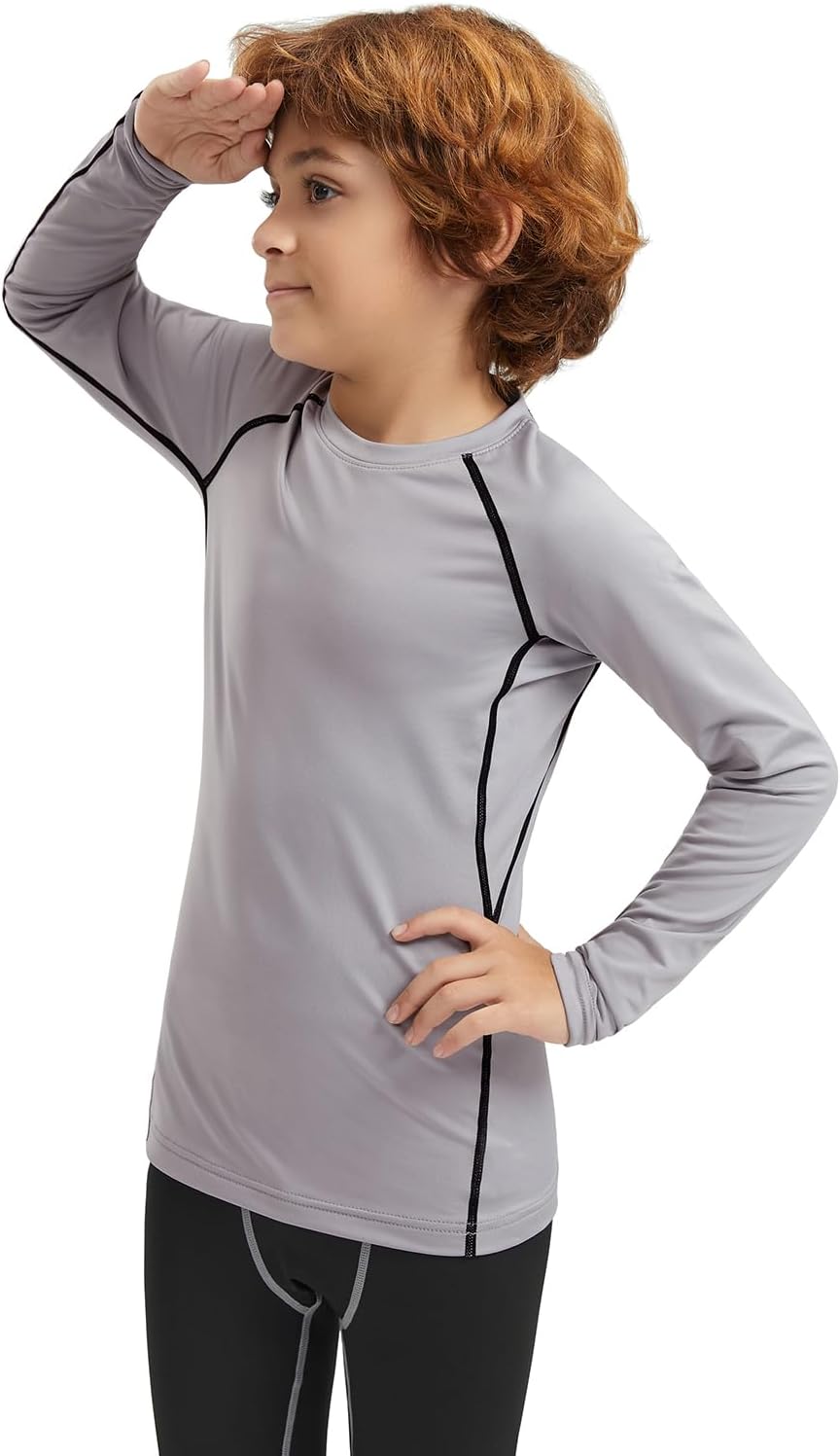 ATTIQOZIBoys Compression Shirts Youth Long Sleeve Black Steel Compression Baselayer