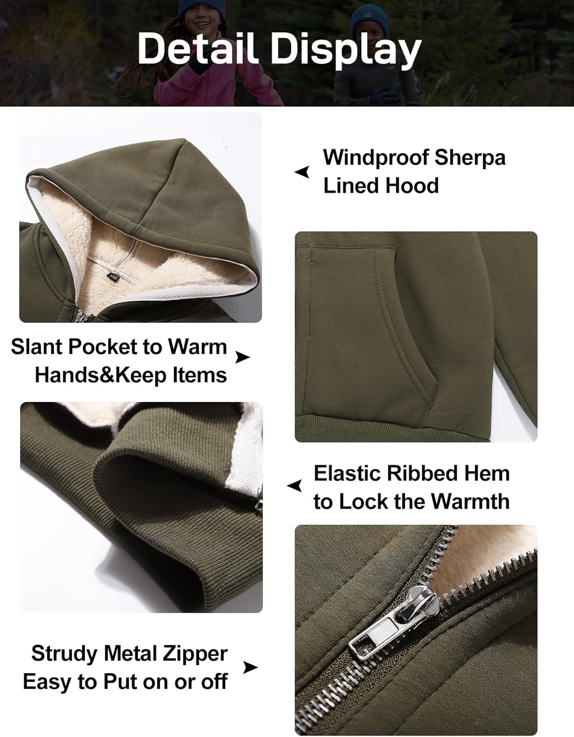 Flygo Unisex Boys Girls Fleece Jacket Hoodie Sherpa Lined Zip Up