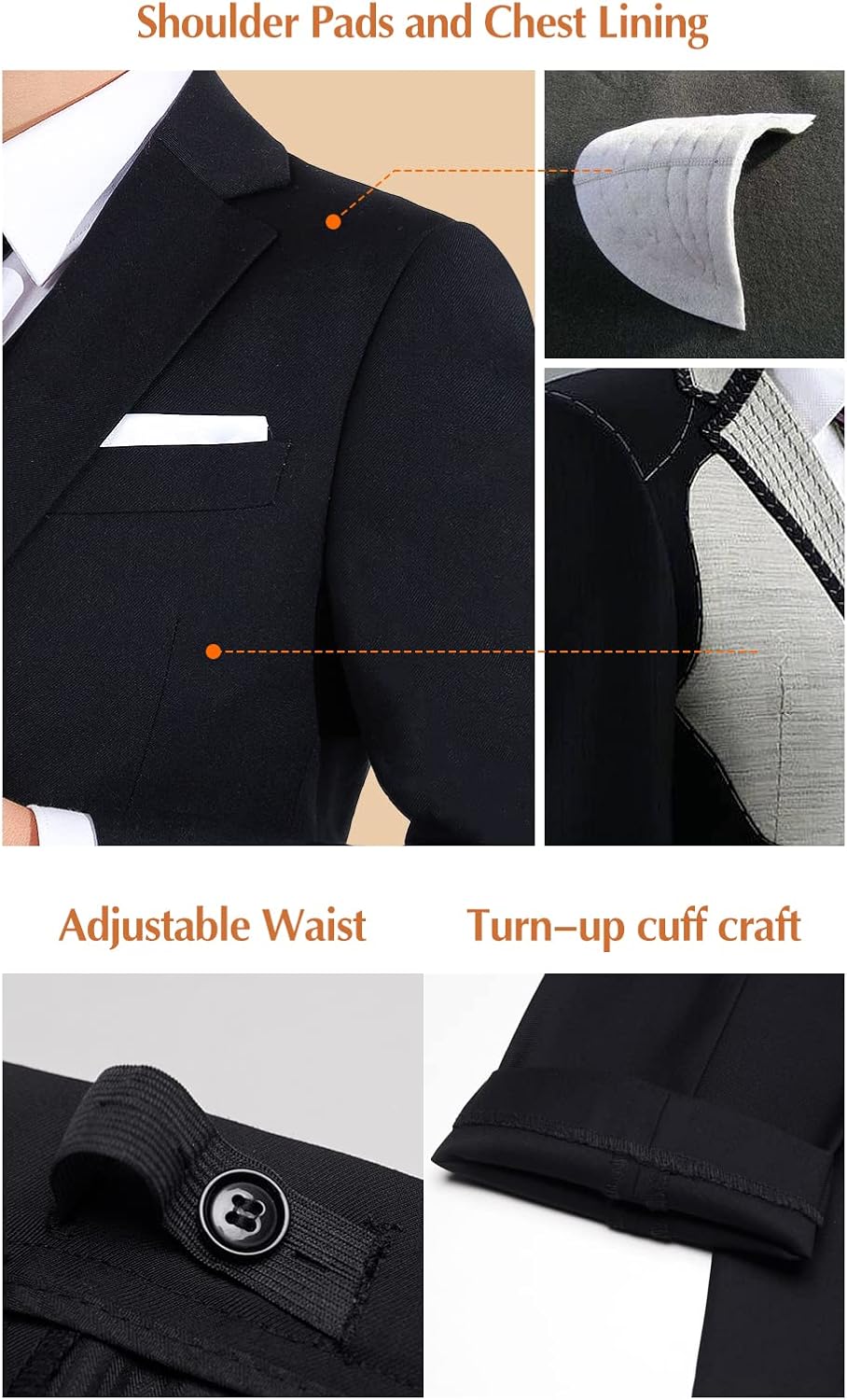 Stylish Formal Boys Suit Set - Boys Black Formal Suit Set 2-20 Adjustable Waist Slim Fit Real Pockets Youth Size 14