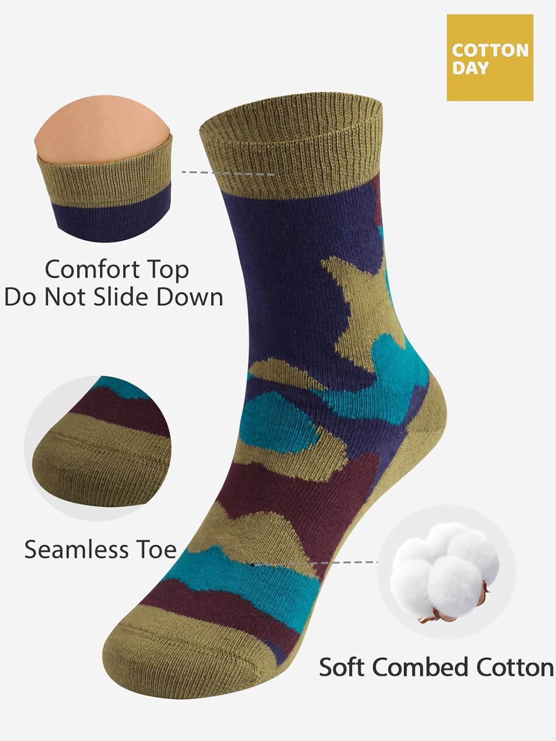 COTTON DAY Kids Boys Crew Socks - Bright Pattern Design