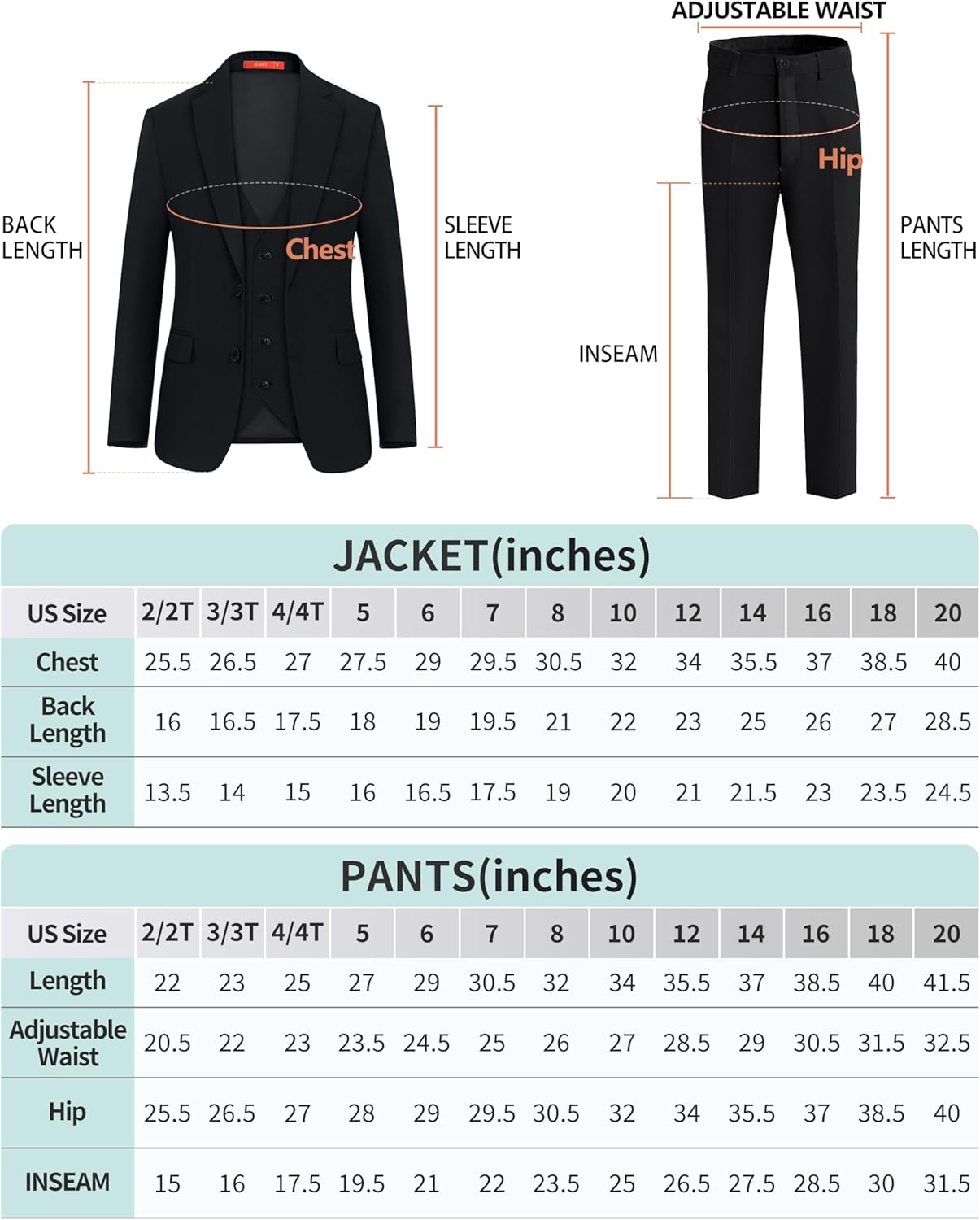 Stylish Formal Boys Suit Set - Boys Black Formal Suit Set 2-20 Adjustable Waist Slim Fit Real Pockets Youth Size 14