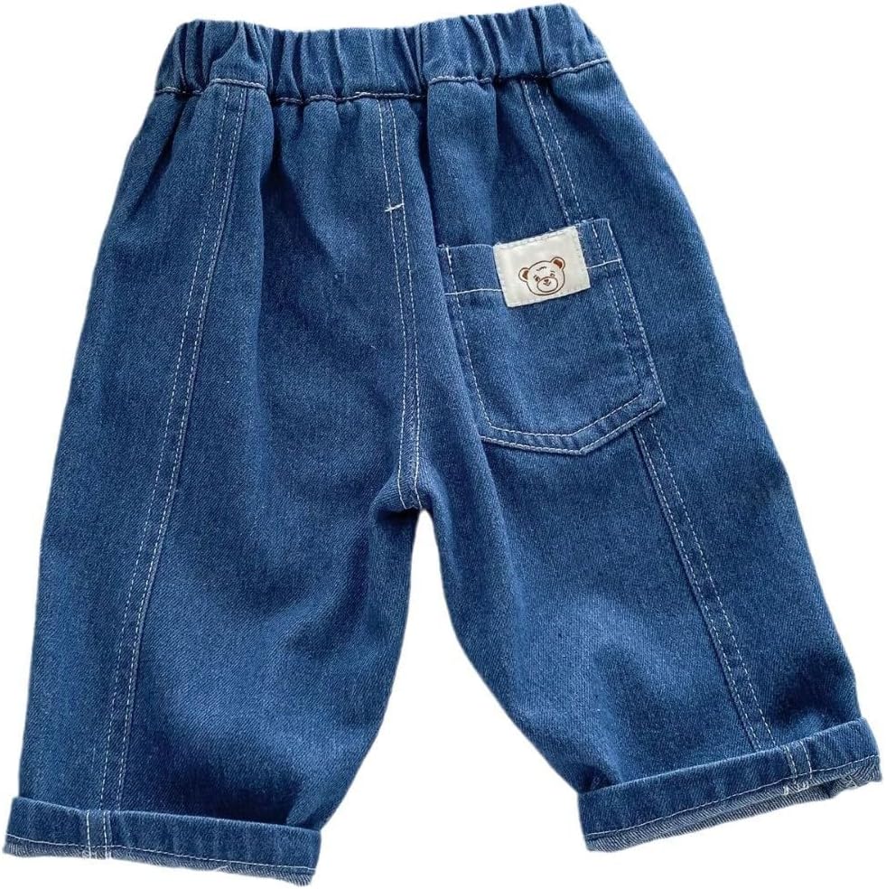 Duobla Baby Toddler Elastic Waist Wide Leg Denim Jeans with Pockets Trendy Kids Jeans