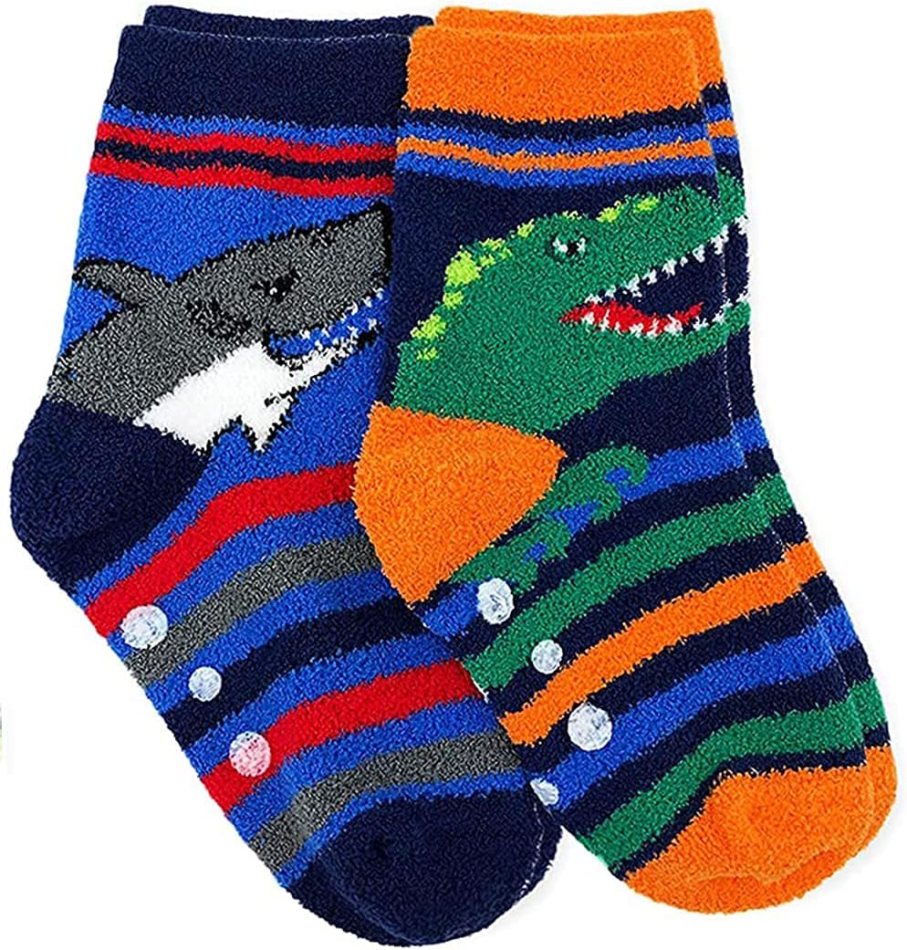 Jefferies Socks Boys Fuzzy Dinosaur Shark Monster Non-Skid Slipper Socks 4 Pack