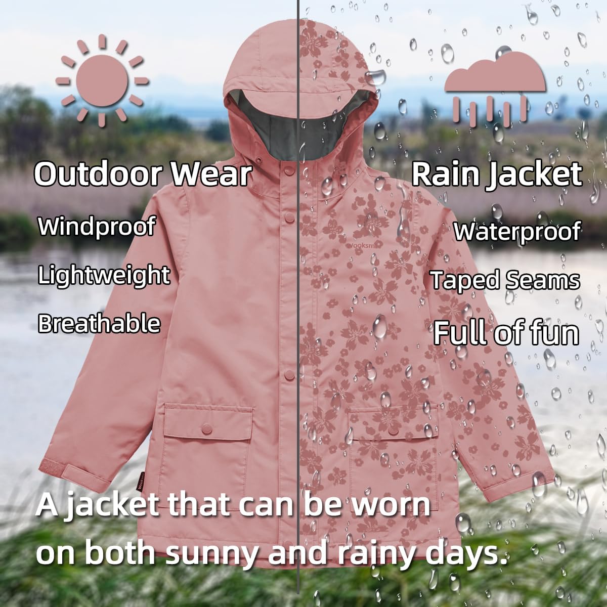 Wooksmi Kids Rain Jacket - Waterproof Windproof for Boys Girls Stay Dried Style