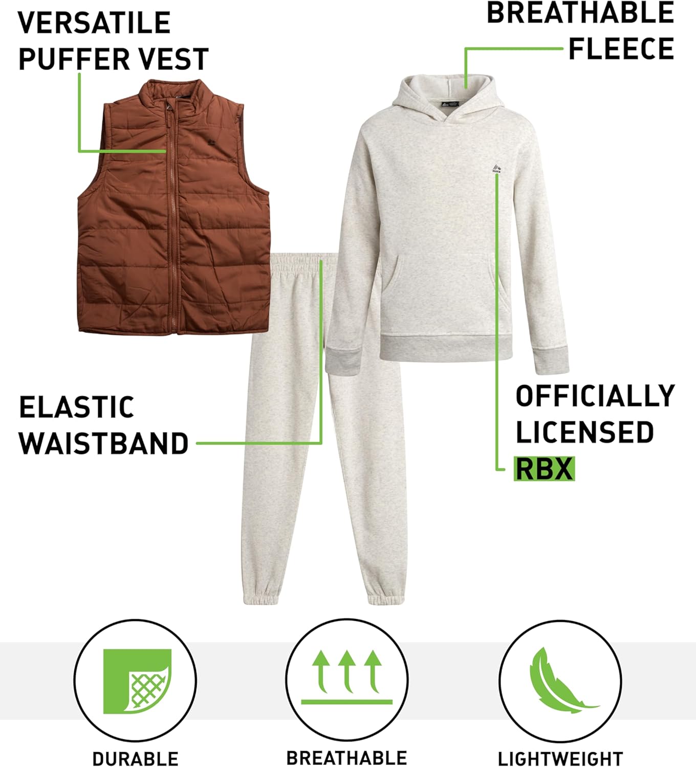 RBX Boys Active Tracksuit Set 3-Piece Puffer Vest Jogger Set