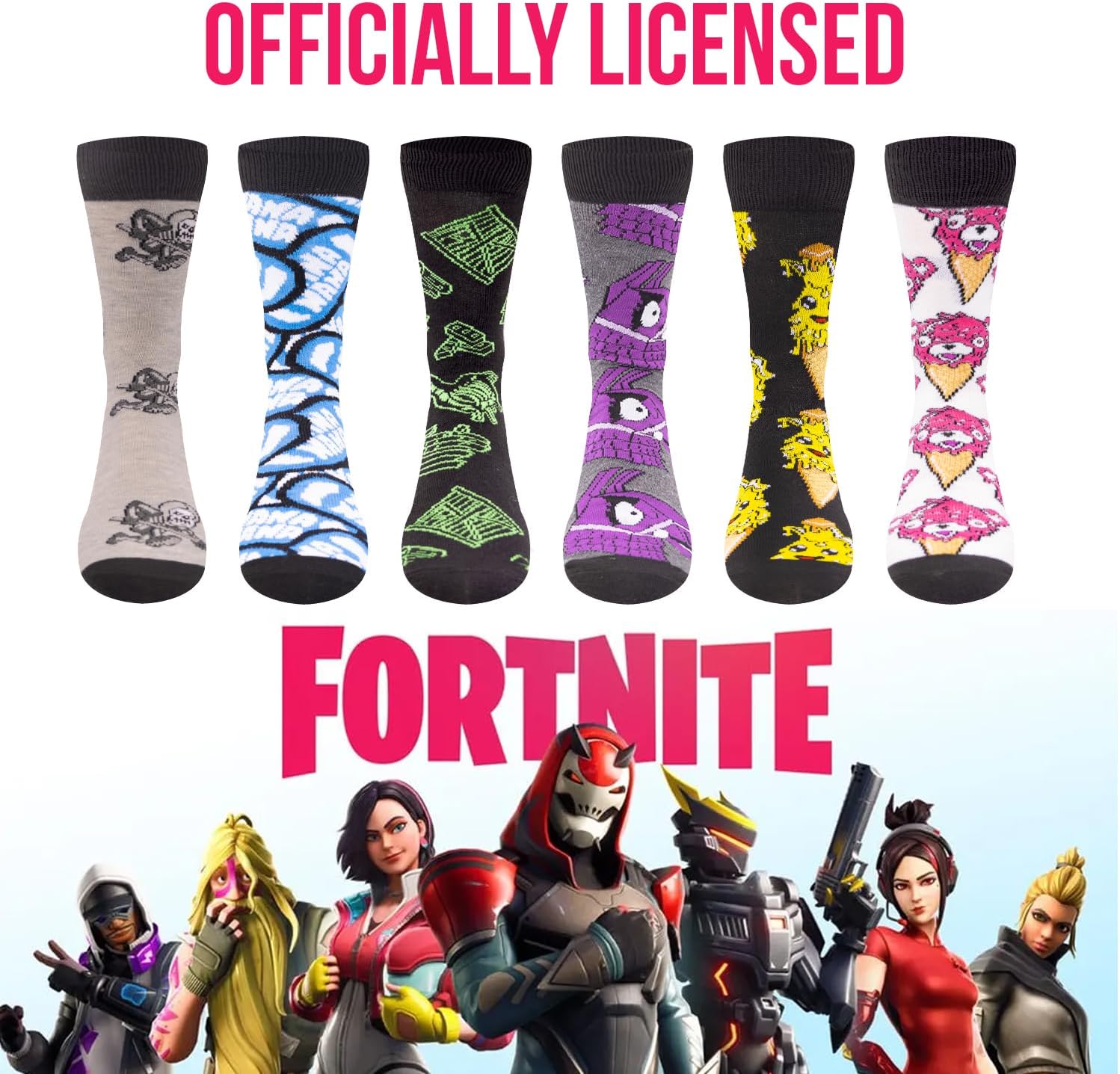 FORTNITE gamer crew socks 6-pack for boys and teens vibrant designs soft durable adjustable