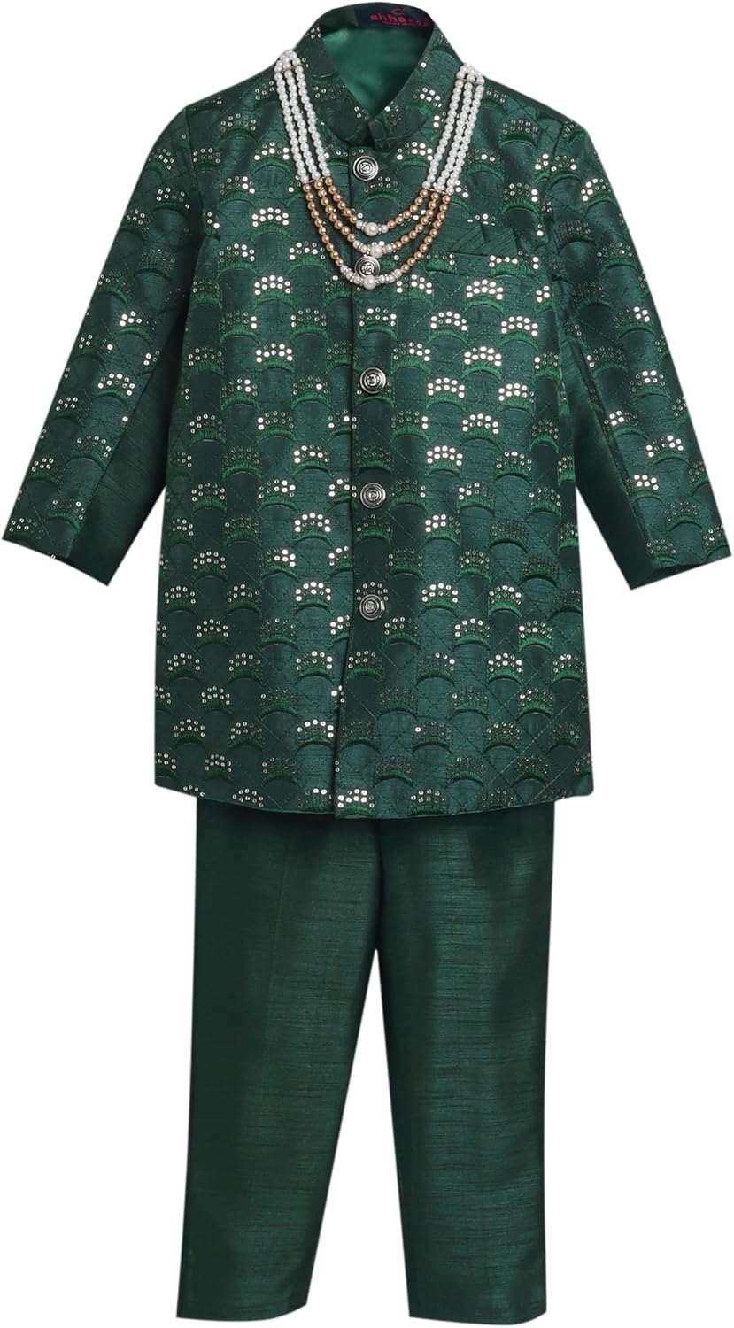 AHHAAAA Kids Ethnic Cotton Silk Blend Sequin Print Indo-Western Sherwani Set for Boys
