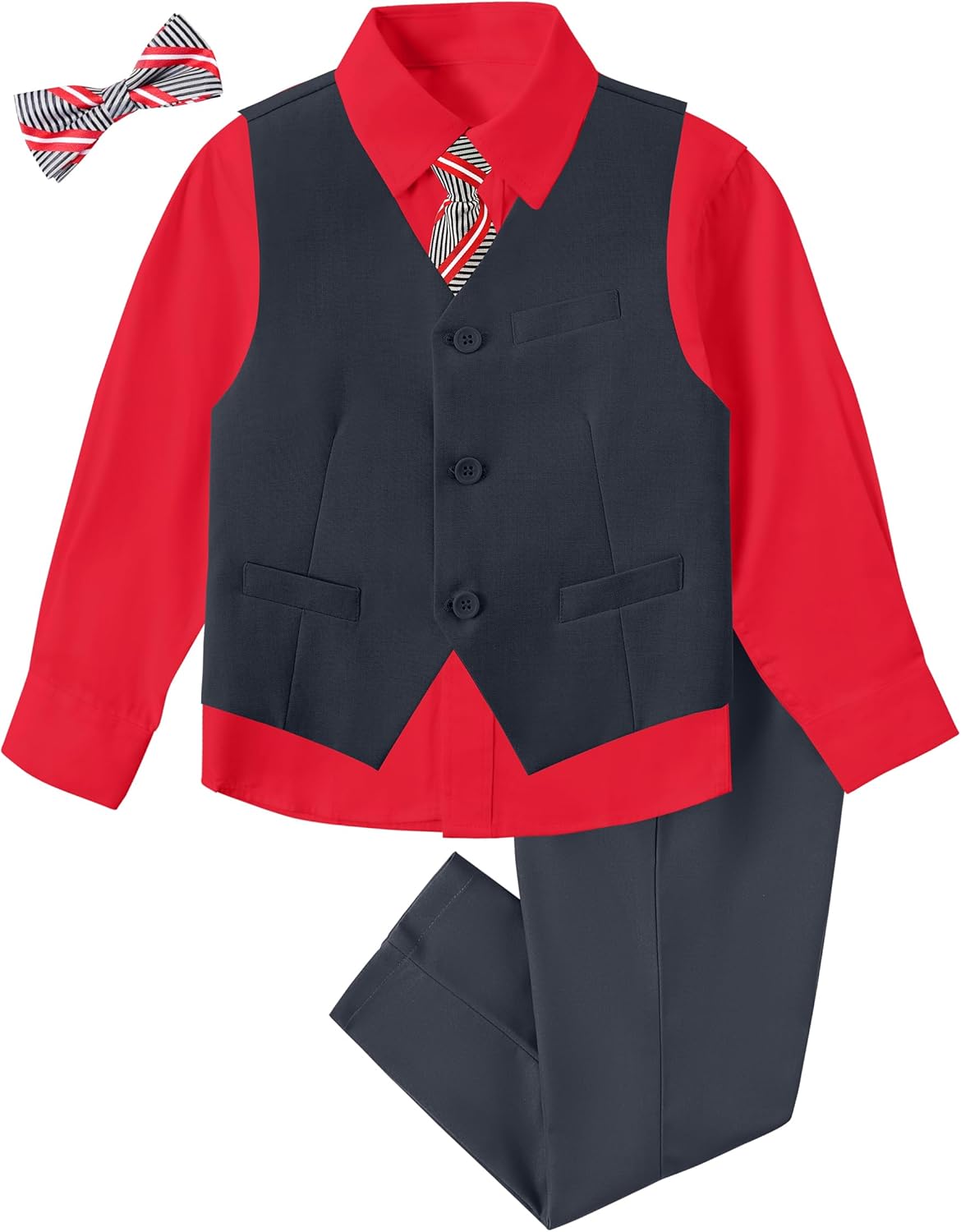 Mosedou Boys Formal Suit Vest and Pants Set with Shirt Tie Bowtie