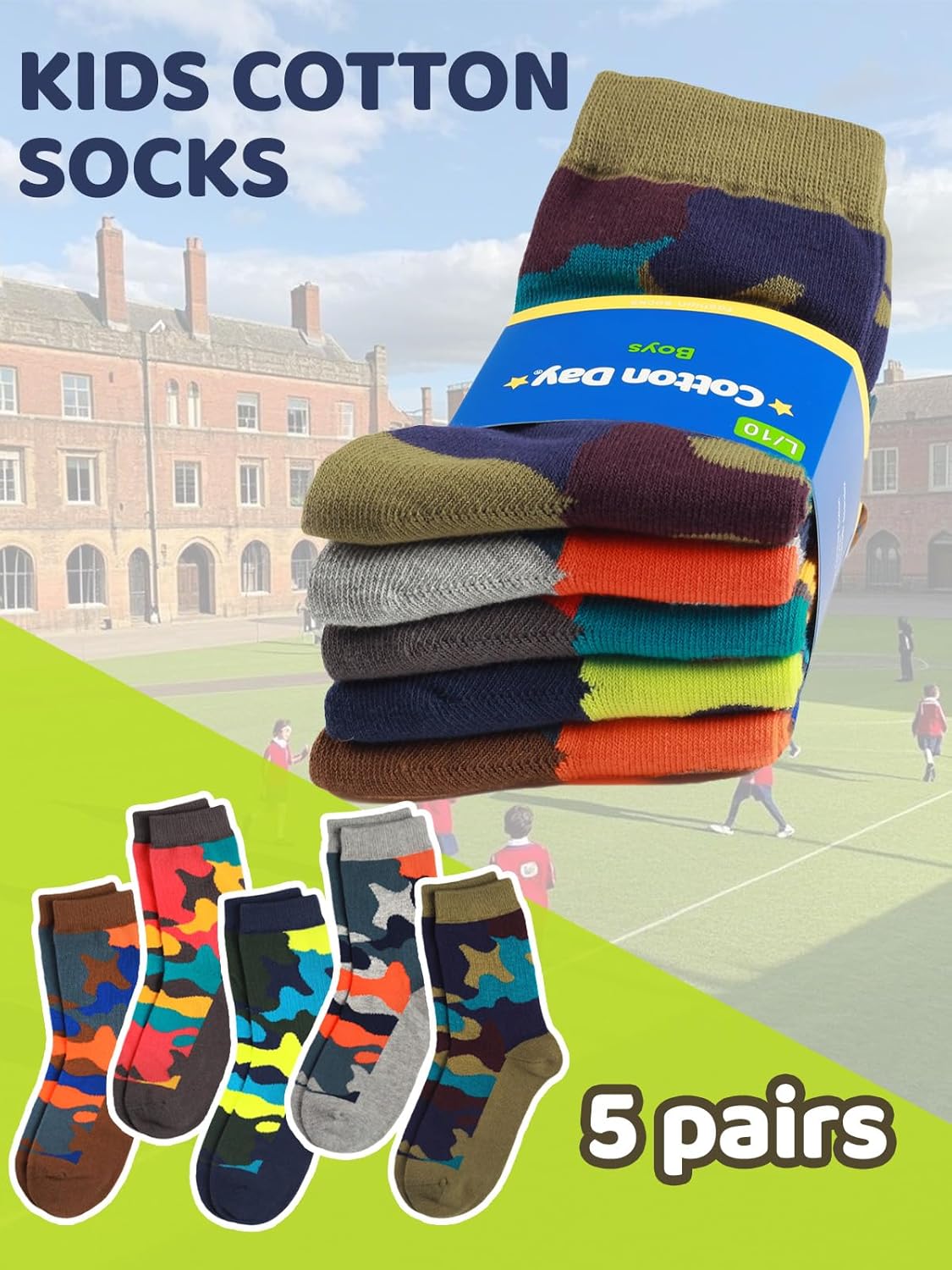 COTTON DAY Kids Boys Crew Socks - Bright Pattern Design