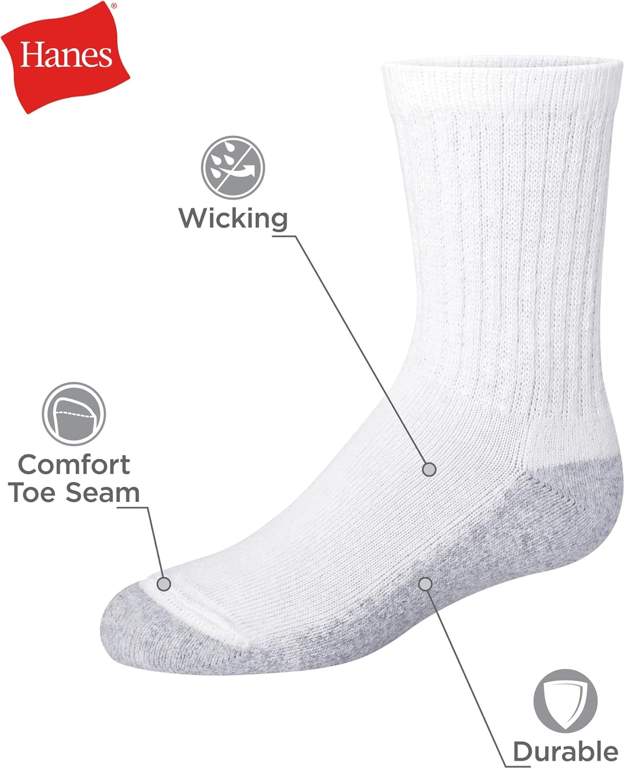 Hanes Boys Uniform Crew Moisture-Wicking Socks Cushioned Foot Bottoms 10-Pair