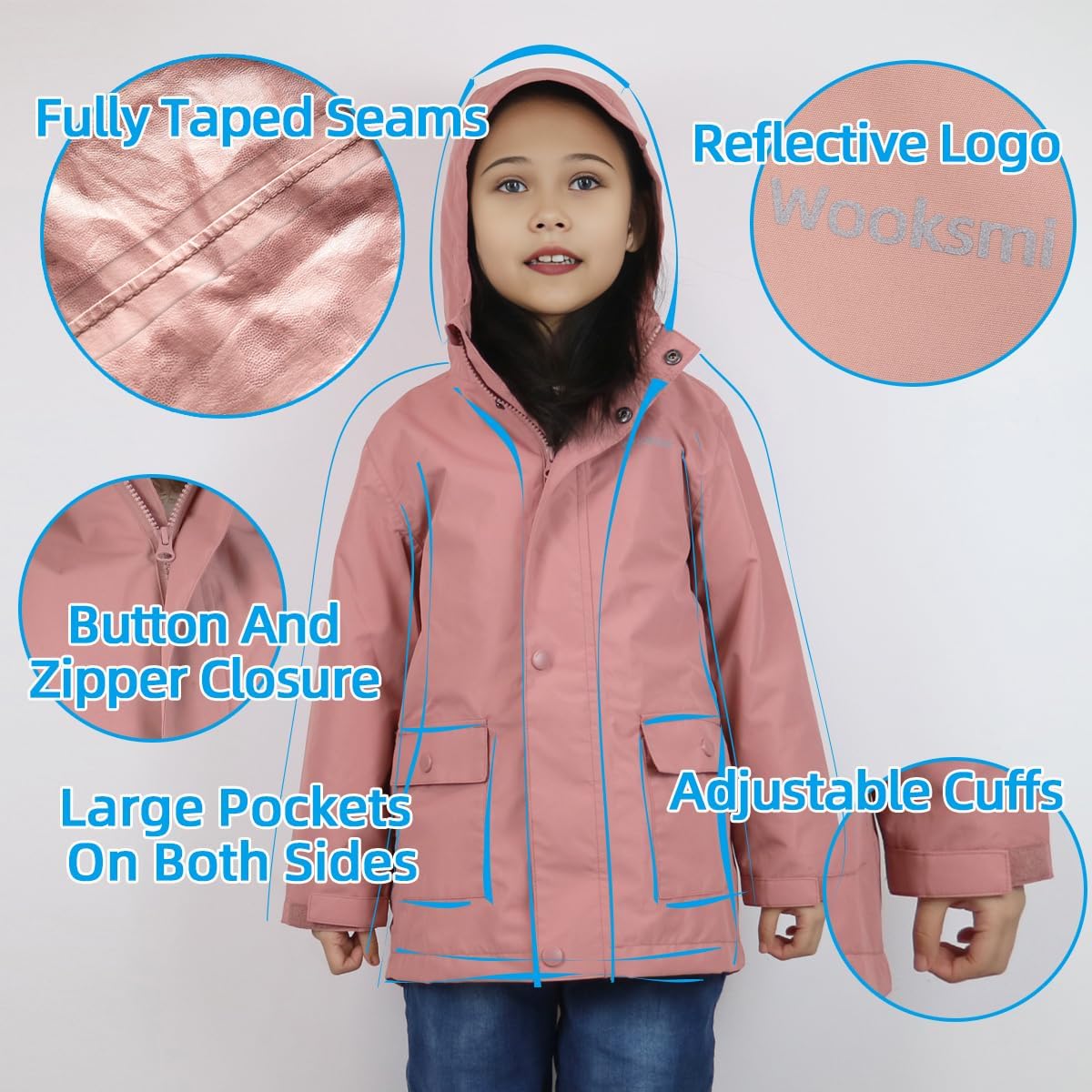 Wooksmi Kids Rain Jacket - Waterproof Windproof for Boys Girls Stay Dried Style