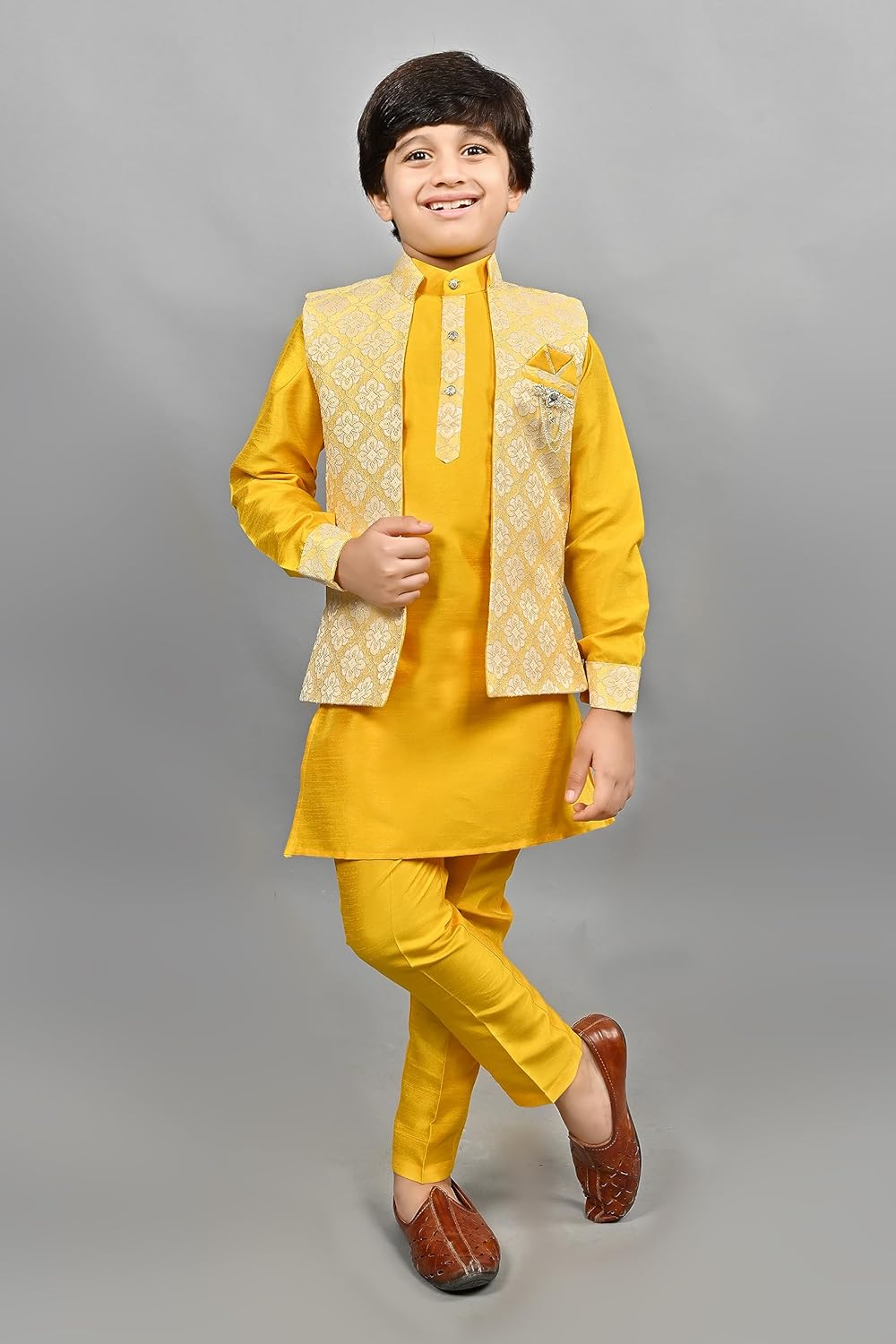 Bollywood Kids Ethnic Silk Blend Traditional Wear Sharkuri Set White-Blue
