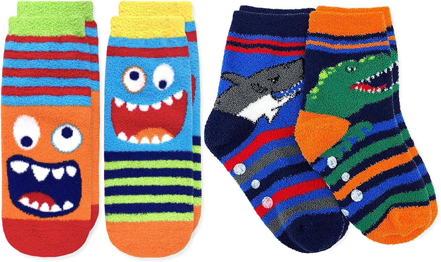 Jefferies Socks Boys Fuzzy Dinosaur Shark Monster Non-Skid Slipper Socks 4 Pack