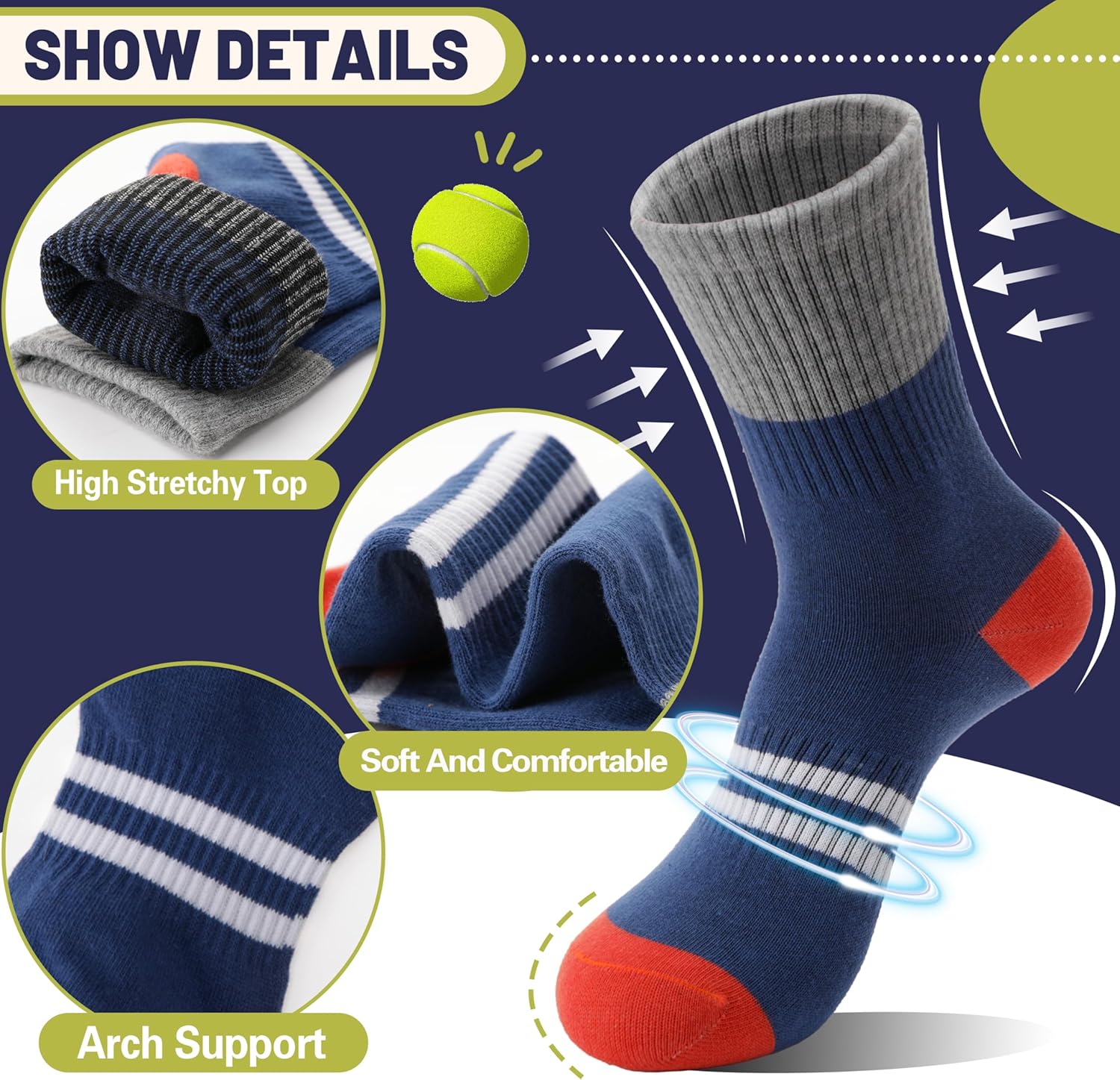 EBMORE 6-Pair Kids Boys Athletic Socks for Outdoor Sports