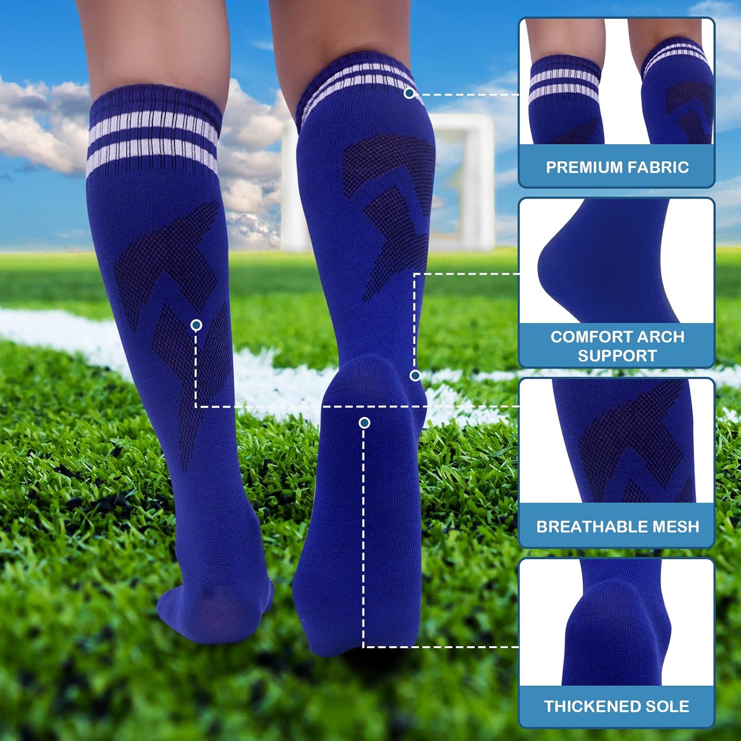 3 Pairs Striped Knee High Soccer Socks for Kids 6-12 Years
