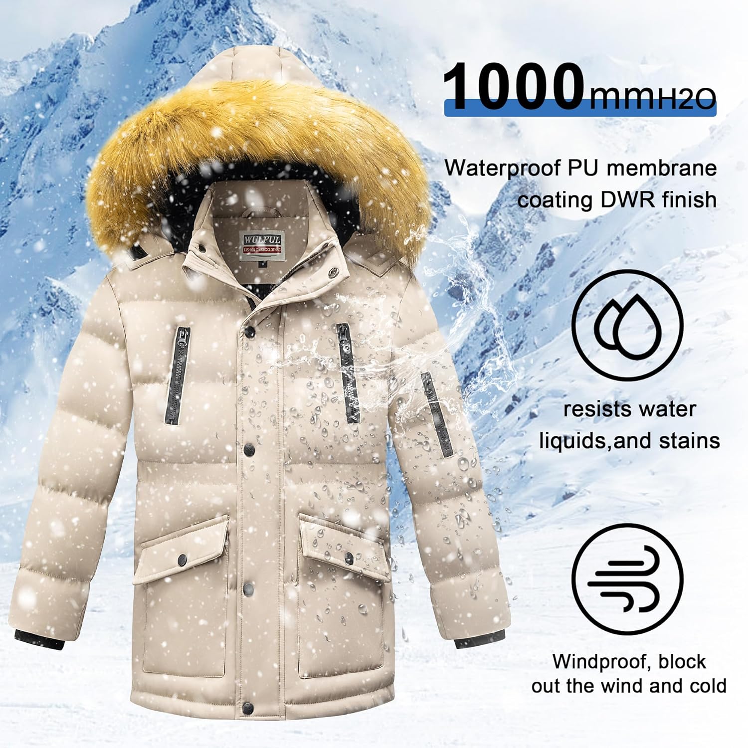 Wulful Boys Winter Coat Waterproof Fleece Lined Parka Jacket